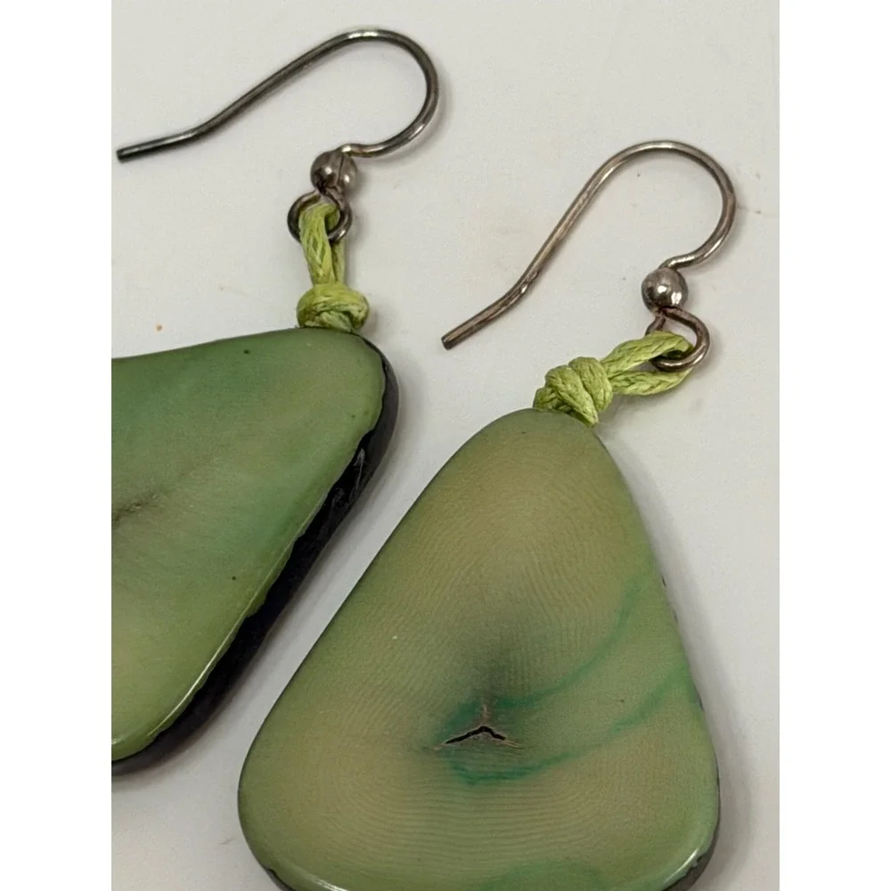 Artisan Tagua Nut Drop Earrings Sage Green Organic Vegetable Ivory Boho Dangle